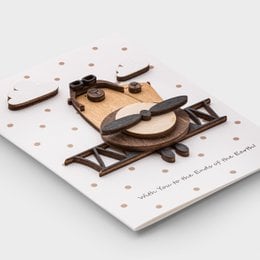 Handmade 3D wooden romantic greeting card with cute pilot bear, airplane, clouds, love hearts, brown wood material