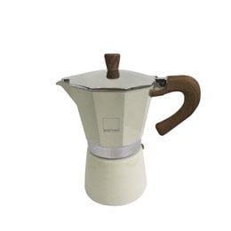 Cream-colored espresso maker with a wooden handle, capable of brewing 6 cups of espresso. The espresso maker has a classic, retro design.
