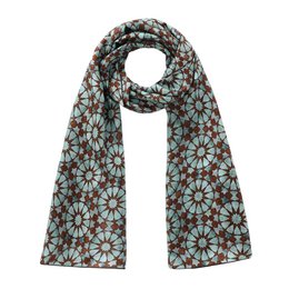  Elegant silk scarf with intricate Islamic pattern design featuring geometric shapes and floral motifs in shades of green, red, and black. Suitable for formal or casual wear.