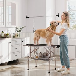  Trimmtisch für Hunde Hundepflegetisch klappbar, Haustierpflegetisch mit höhenverstellbarem Galgen, Schlingen, rutschfest Oberfläche, Schertisch bis 150 kg, 91,5 x 61,5 x 76 cm, Schwarz