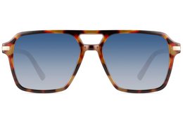 Tortoiseshell brown square sunglasses with blue gradient lenses and metal arms