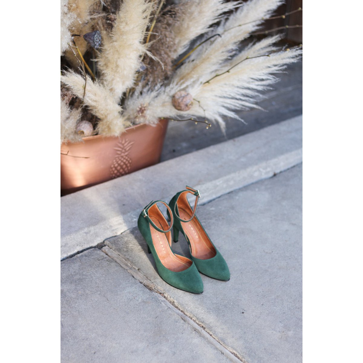 Handgemaakte Suède hakken (8 cm) - Vivienne - Groene Vintage Schoenen 35-42