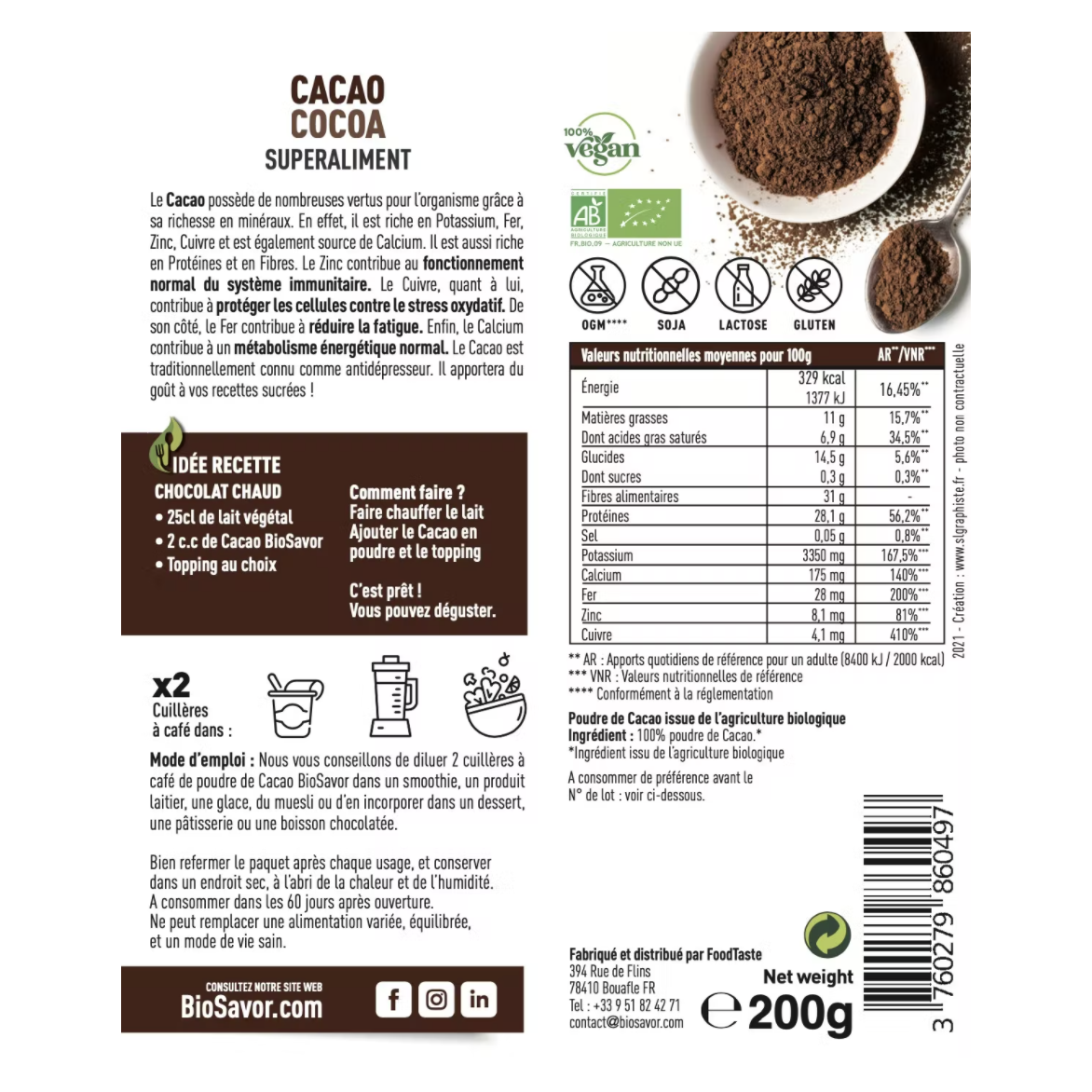 CACAO EN POUDRE - 200G - ERGÄNZUNG DER NAHRUNGSMITTEL