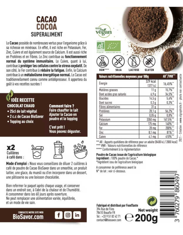 CACAO EN POUDRE - 200G - ERGÄNZUNG DER NAHRUNGSMITTEL