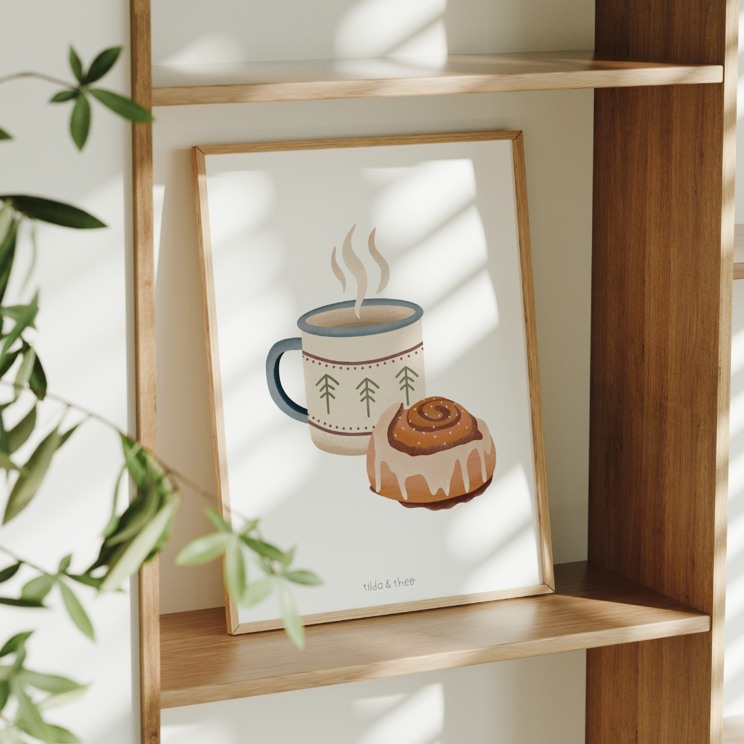 Poster Emailletasse & Zimtschnecke Norwegen - Kunstdruck Camping Reiseprint Hygge