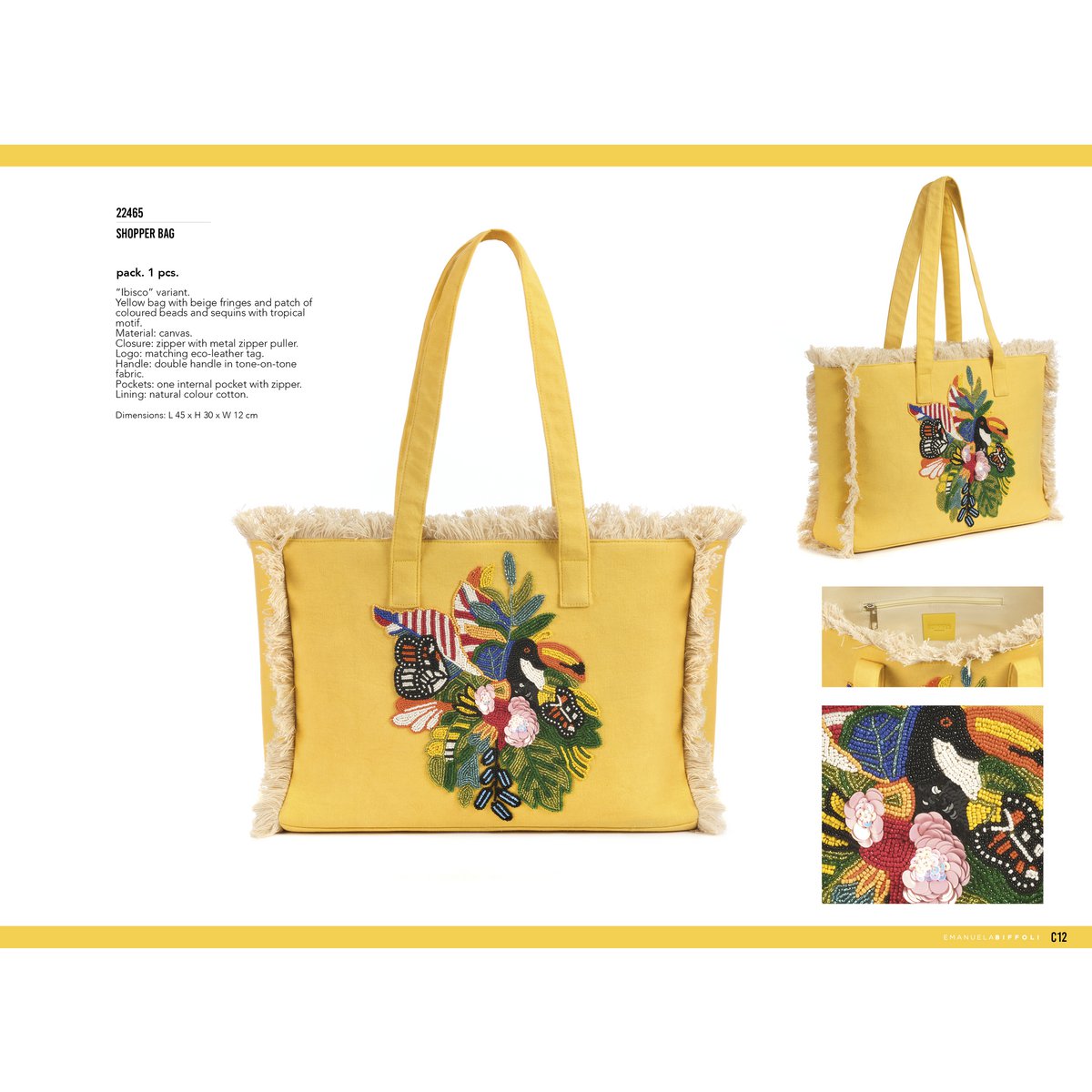 ŻÓŁTA BAWEŁNIANA TORBA NA SHOPPER Z NASZYWKĄ HIBISKUSA