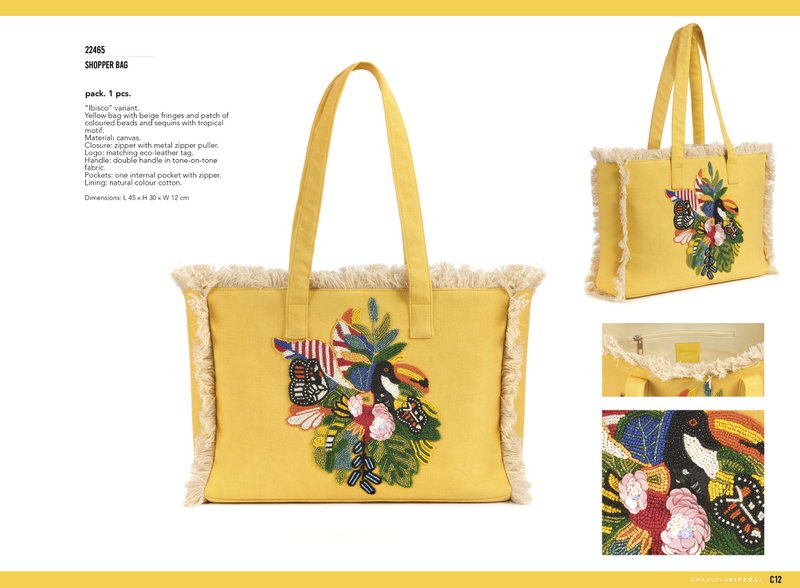 YELLOW COTTON SHOPPER BAG WITH HIBISCUS PATCH