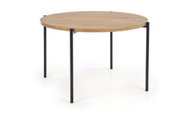  Round wooden dining table, natural wood color, black metal legs, modern minimalist style, seats 4-6 people.