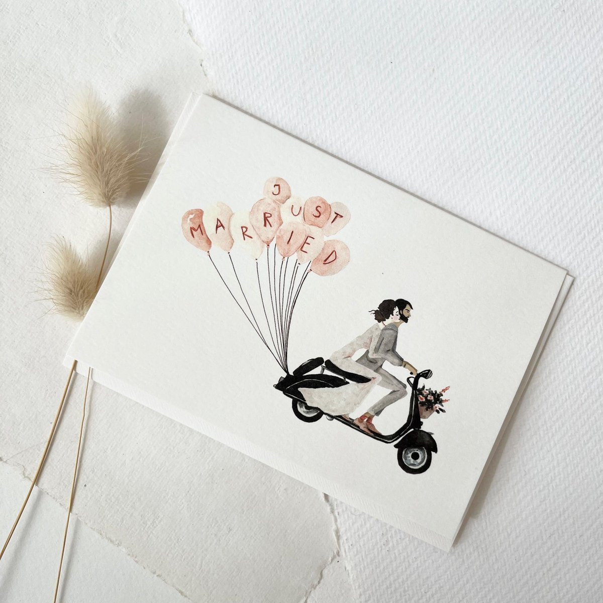 Wenskaart · Bruidsscooter