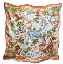Ecole de cirque scarf, a colorful silk scarf featuring acrobatic circus performers in a vibrant, abstract design.