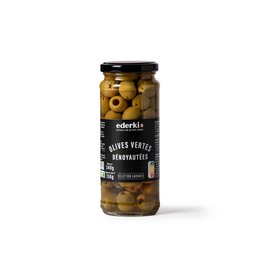 Pitted green olives in a glass jar. Olives are a healthy snack or ingredient, with a distinctive briny flavor.