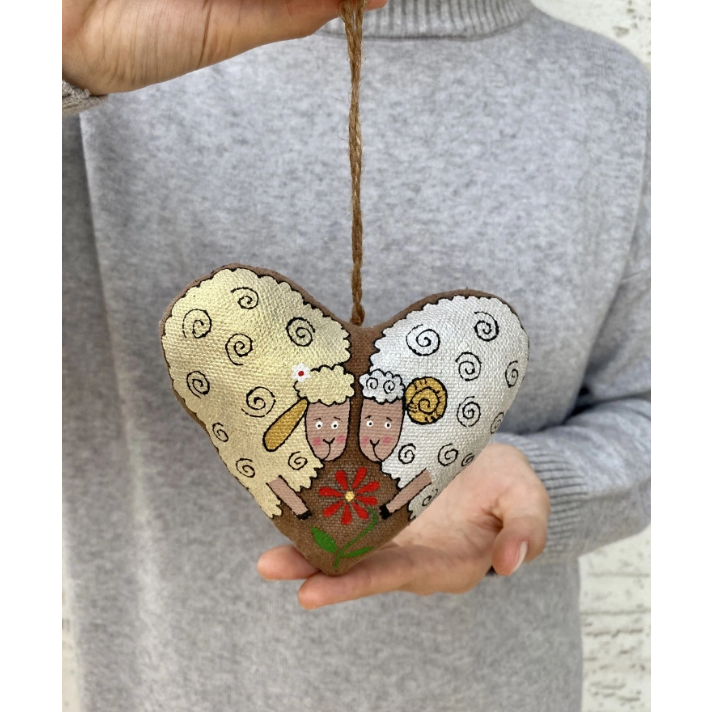 Textile ornament Vanilla and cocoa scented "Coffee heart with sheep"
