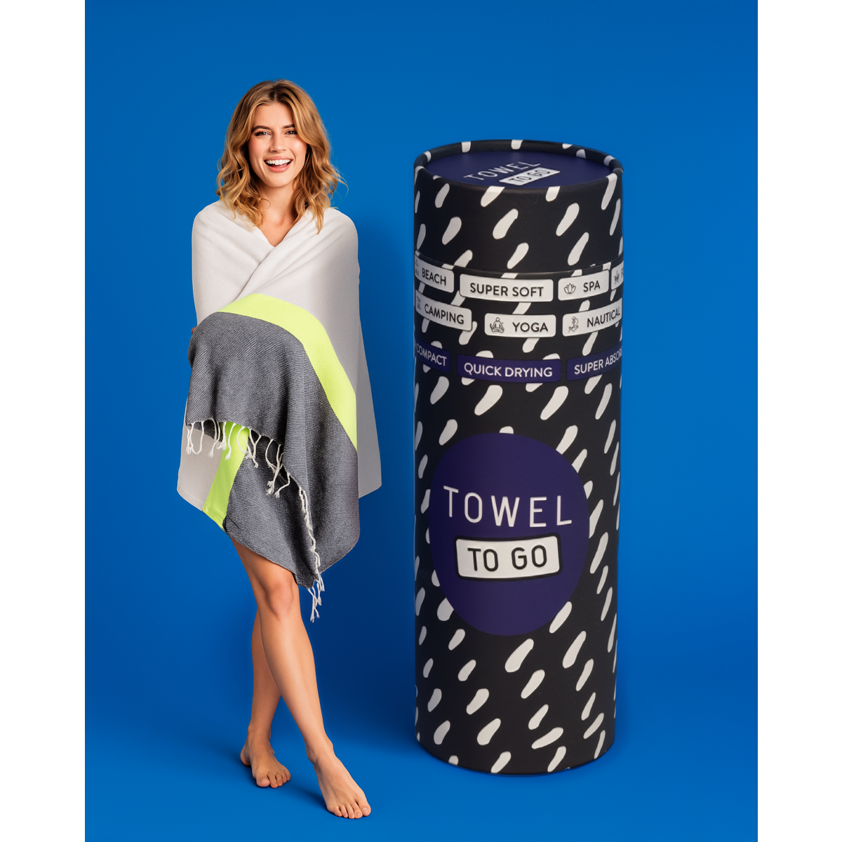 TOWEL TO GO NEON Serviette de plage en coton recyclé 180x100 cm | Serviette de piscine à séchage rapide | Gris / Noir | avec coffret cadeau