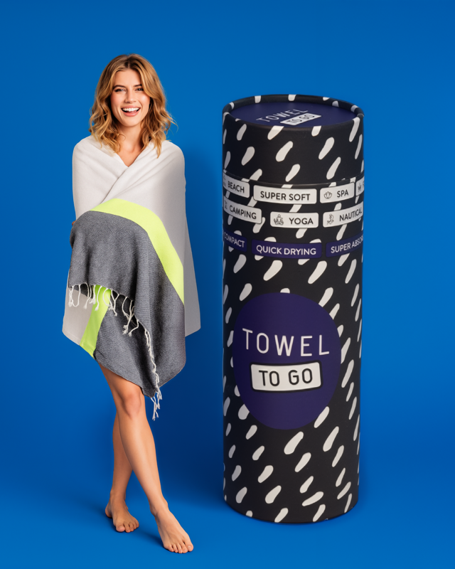 TOWEL TO GO NEON Telo mare in cotone riciclato 180x100 cm | Asciugamano da piscina ad asciugatura rapida | Grigio/Nero | con confezione regalo
