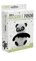 A DIY pom-pom craft kit to create a cute panda figure. The kit includes all the necessary materials to make a soft, plush panda with black and white pom-poms.