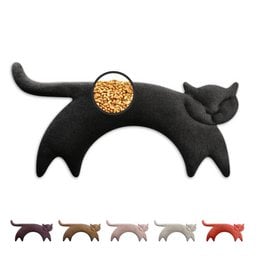 Organic cotton and wheat heat pillow for neck and shoulders, available in black, gray, pink, golden brown, and purple colors.