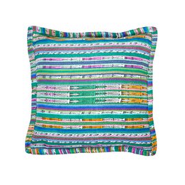  Boho-style pillow in a vibrant green color, measuring 50 x 50 cm. Made of a textured, patterned fabric with stripes in various colors.