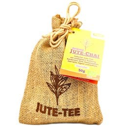 Organic Indian jute chai jute bag, a natural and eco-friendly tea bag made from jute fiber. The bag features a simple design with a leaf icon, indicating the natural and organic nature of the product.