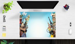 Large desk pad in neutral colors with world travel theme, featuring landmarks and travel items.