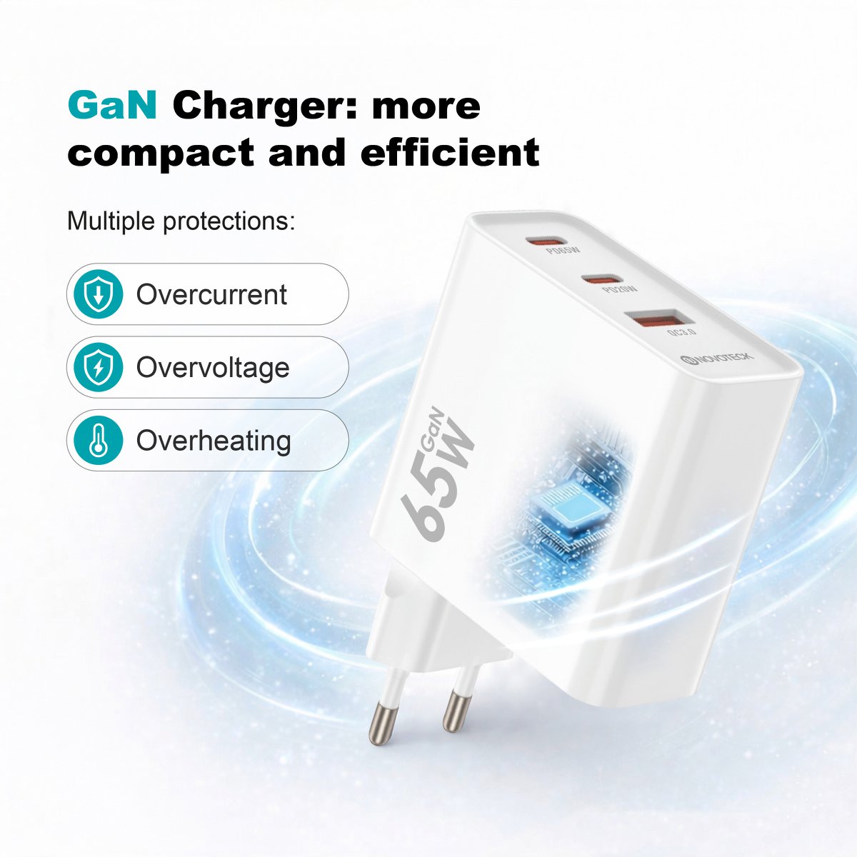 Cargador NOVOTECK C-018 65W GaN PD - Cargador rápido USB-C 65W + USB-C 20W + USB-A 20W