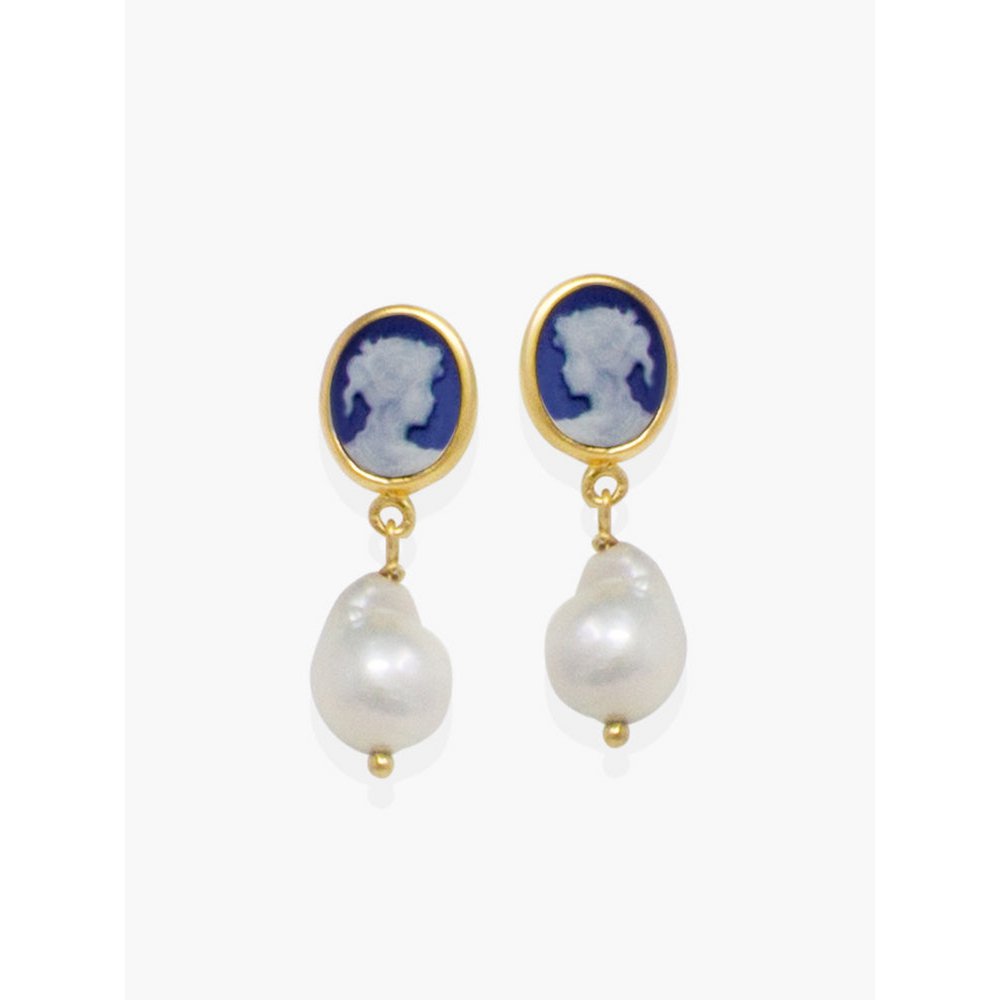 Blue Mini Cameo And Pearl Earrings