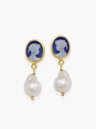 Blue Mini Cameo And Pearl Earrings