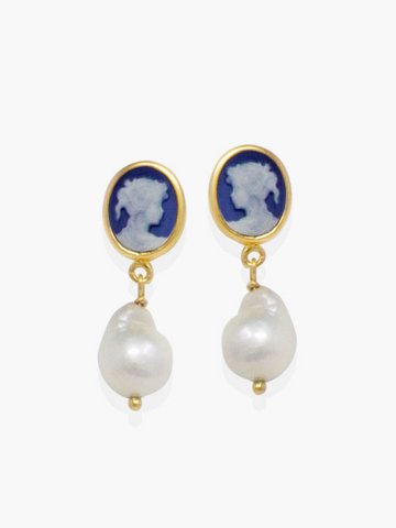 Blaue Mini-Cameo- und Perlenohrringe