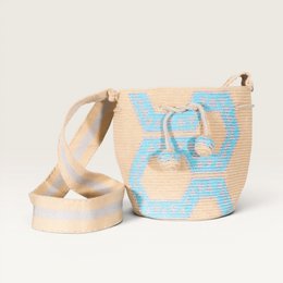Woven crossbody bag, geometric blue sky pattern, natural beige, round shape, shoulder strap.