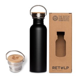 Black stainless steel drinking bottle, 750 ml capacity, for travel and outdoor use.