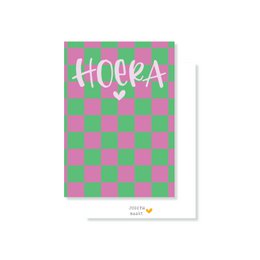 Colorful, checkered party card with the text "Hooray" in a playful, handwritten style. The card is surrounded by vibrant tulips in various colors, creating a festive and celebratory atmosphere.