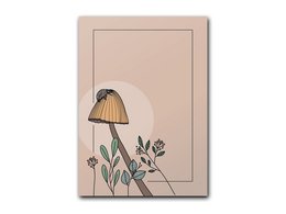 A notepad with a minimalist illustration of a mushroom and beetle on a beige background.