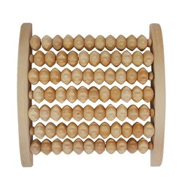 Wooden foot massage roller with symmetrical design, ideal for foot care and relaxation.