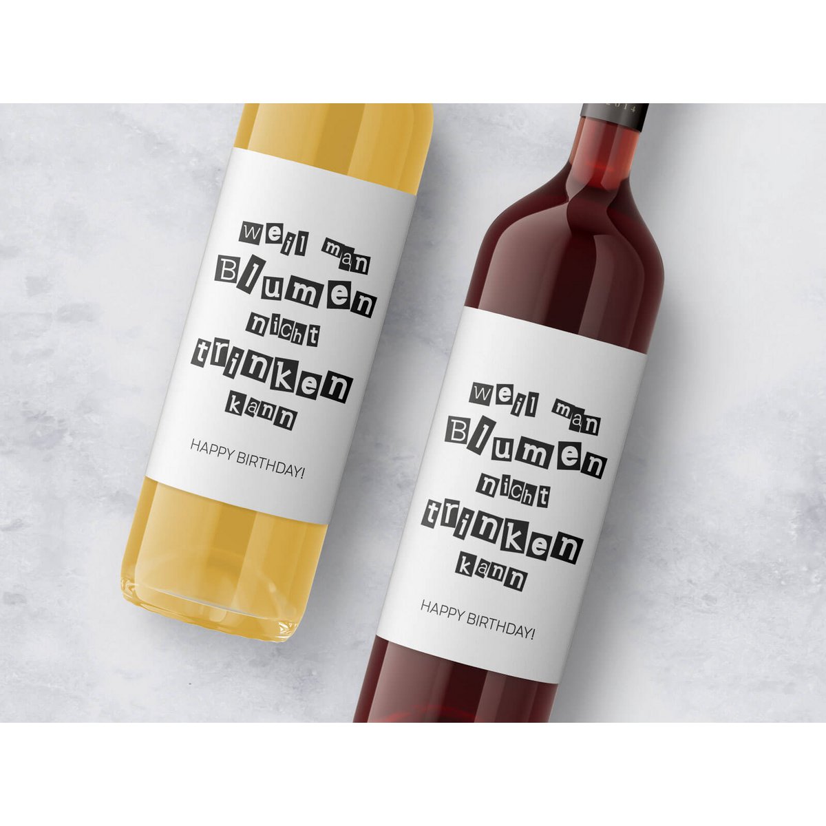 Label "because you can't drink flowers"