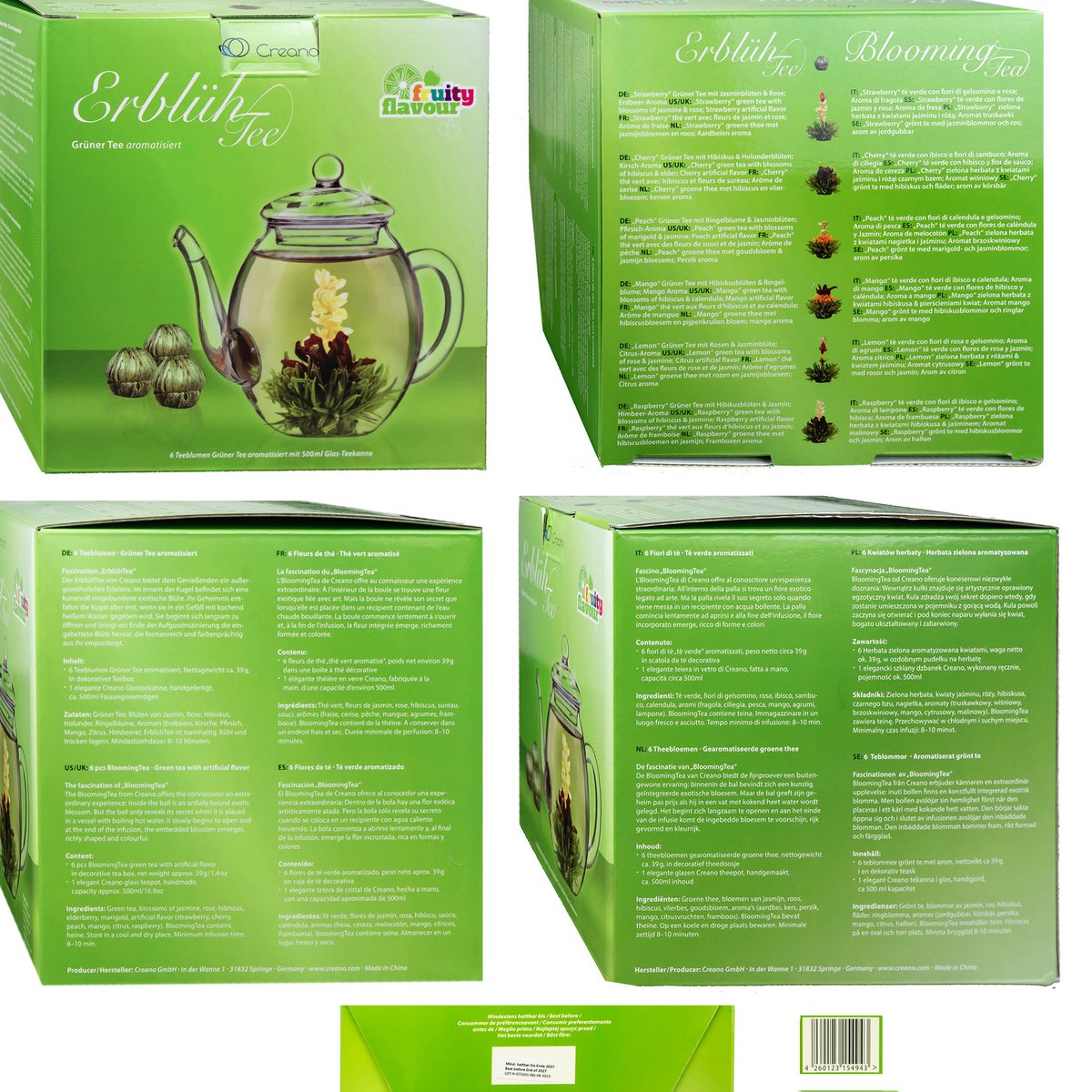 Coffret cadeau thé aux fleurs Creano avec pot en verre, 6 variétés