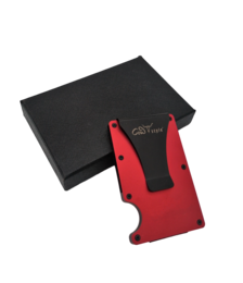 Slim, red wallet made of durable material with a compact design for easy carrying.