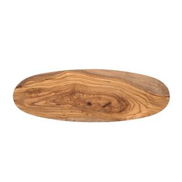 Oval-shaped olive wood serving board with natural wood grain and texture.