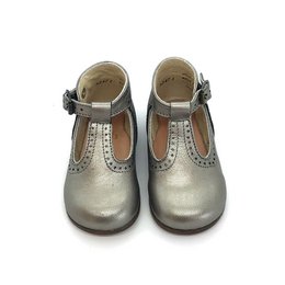 Metallic silver baby shoes with t-strap and decorative studs. Suitable for infants and toddlers.