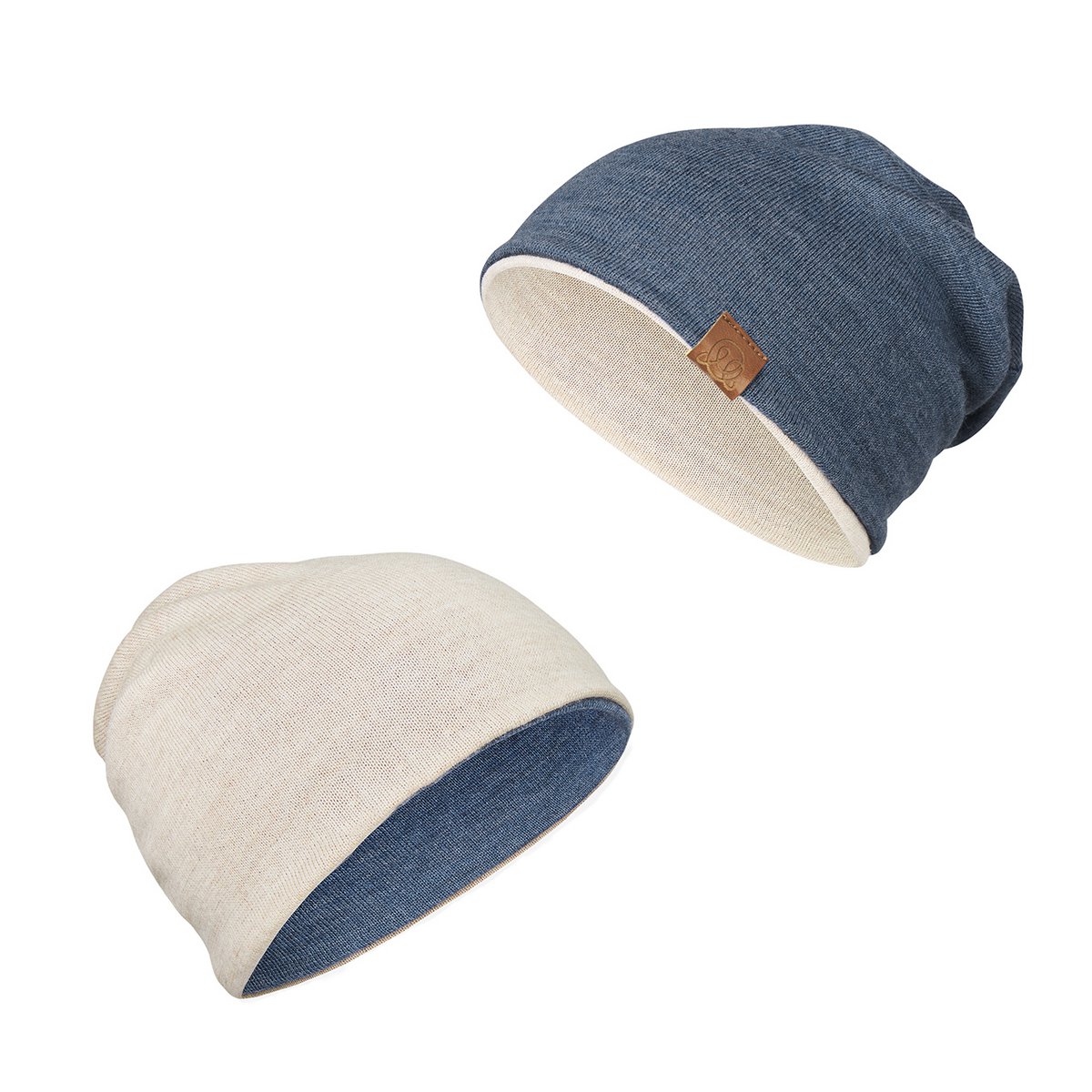 Bonnet réversible mérinos - jeans-beige