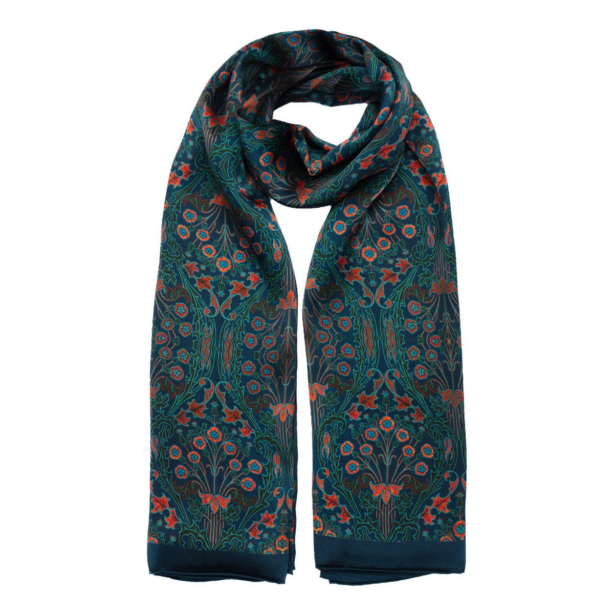 Zijden sjaal van bloemenprint in groenblauw en rode natuur