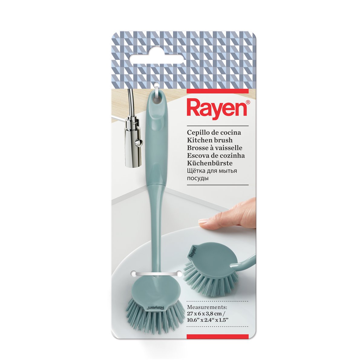 Rayen - Cepillo de Cocina Multifuncional, Mango Ergonómico Suave al Tacto, Limpiador de Superficies Antiadherente, Antiarañazos, Raspador Integrado para Residuos Resistentes, Azul, Dimensiones 27 × 6 × 3,8 cm
