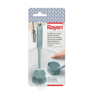 Rayen - Multifunctionele keukenborstel, ergonomisch zacht aanvoelend handvat, oppervlaktereiniger met antiaanbaklaag, antikras, ingebouwde schraper voor hardnekkige resten, blauw, afmetingen 27 x 6 x 3,8 cm