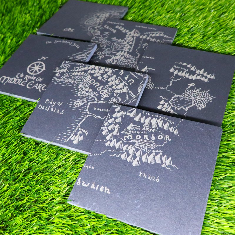 Premium Lord of the Rings Slate Coaster Set, Fantasy Geek Home Nerd Decor, Tolkien Fan Housewarming