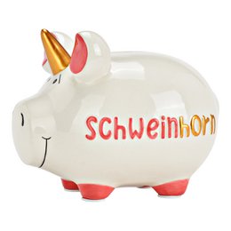A white ceramic piggy bank in the shape of a pig, with the text "Schweinhorn" printed on the side. The piggy bank has a horn-like protrusion on its head and colorful accents.