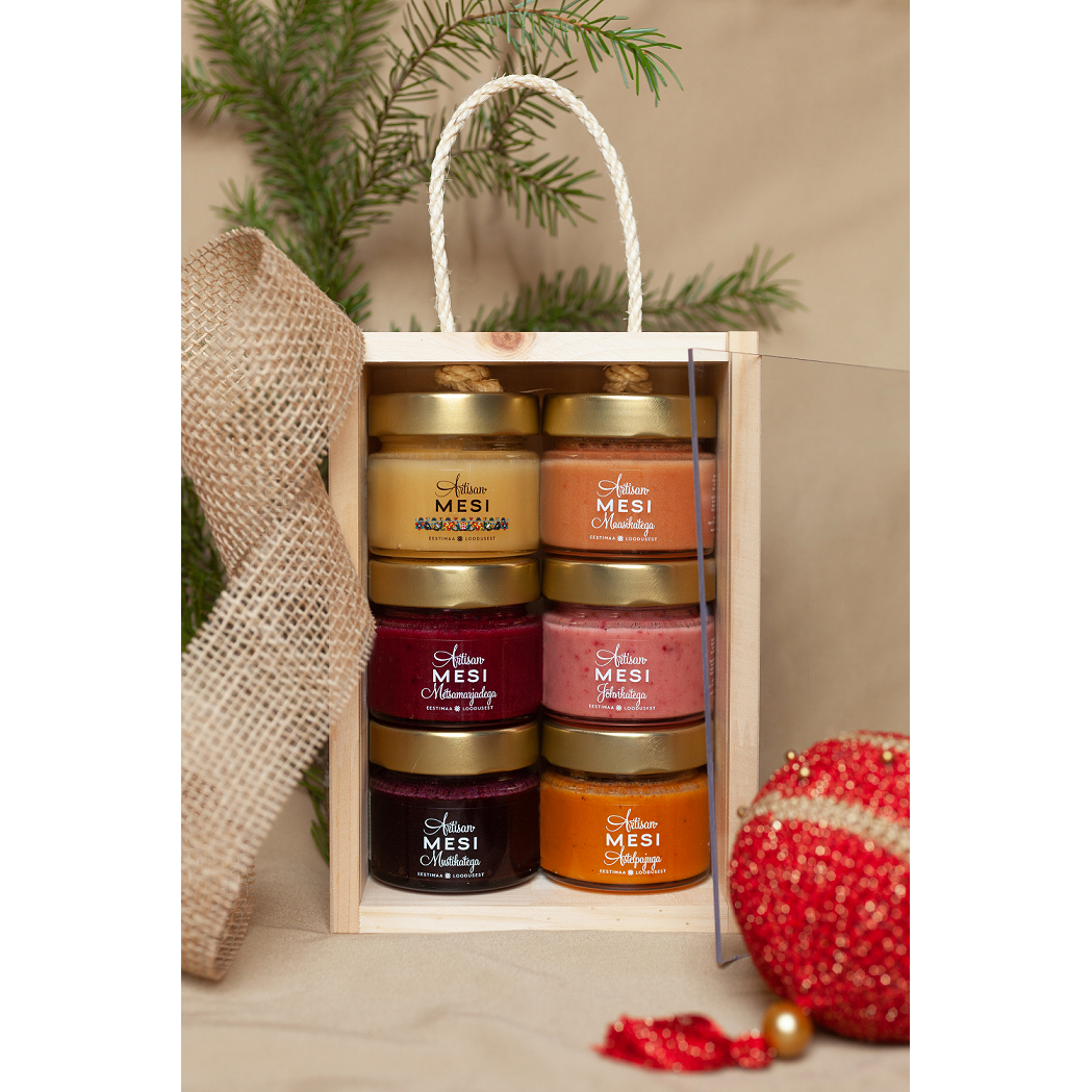6x100 g wooden gift box with handle