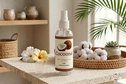 Coconut scented room spray bottle with natural ingredients, tropical fragrance mist for home freshening.
