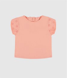 Peach pink short sleeve kids t-shirt with textured puff sleeves, casual comfortable top for children.
