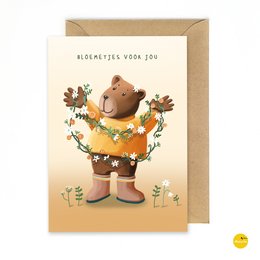 wenskaart bloemenkransje beer