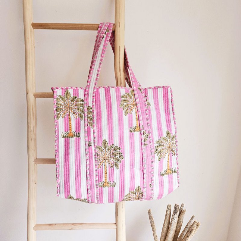 Blockprint schoudertas palmboom roze