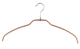 Clothing hanger in various colors including bronze, blue, gold, pink, red, black, silver, and white. The hanger has a curved shape and a chrome hook.