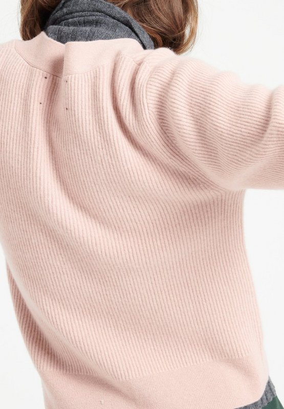MIA 13 V-hals kortærmet cashmere cardigan med ribstrikket pudderrosa